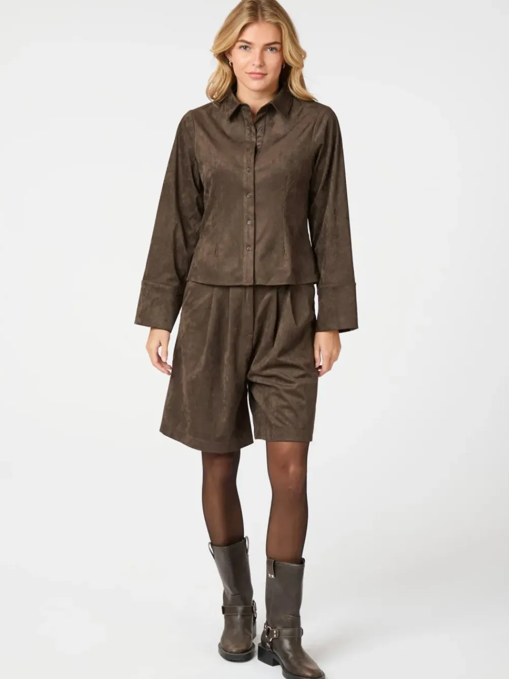 NEO NOIR Nika Faux Suede Bermuda Shorts Dark Brown